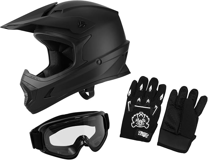 XFMT DOT Youth Kids Dirt Bike Helmet Full Face Motocross Helmets for Off-Road ATV Street Bike Four Wheeler Motorcycle with Goggles & Gloves, Matte Black Small