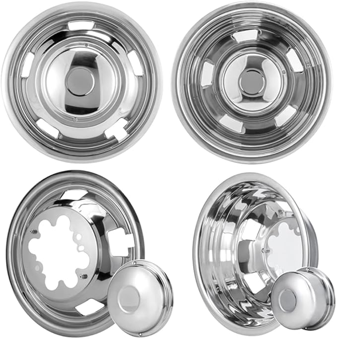 4pcs 17inch Front Rear Polished Stainless Steel Dually Wheel Simulators fit for 2003-2018 Dodge Ram 3500 Truck, 8 Lug with 5 Square Vent Holes Wheel Cover 17R8
