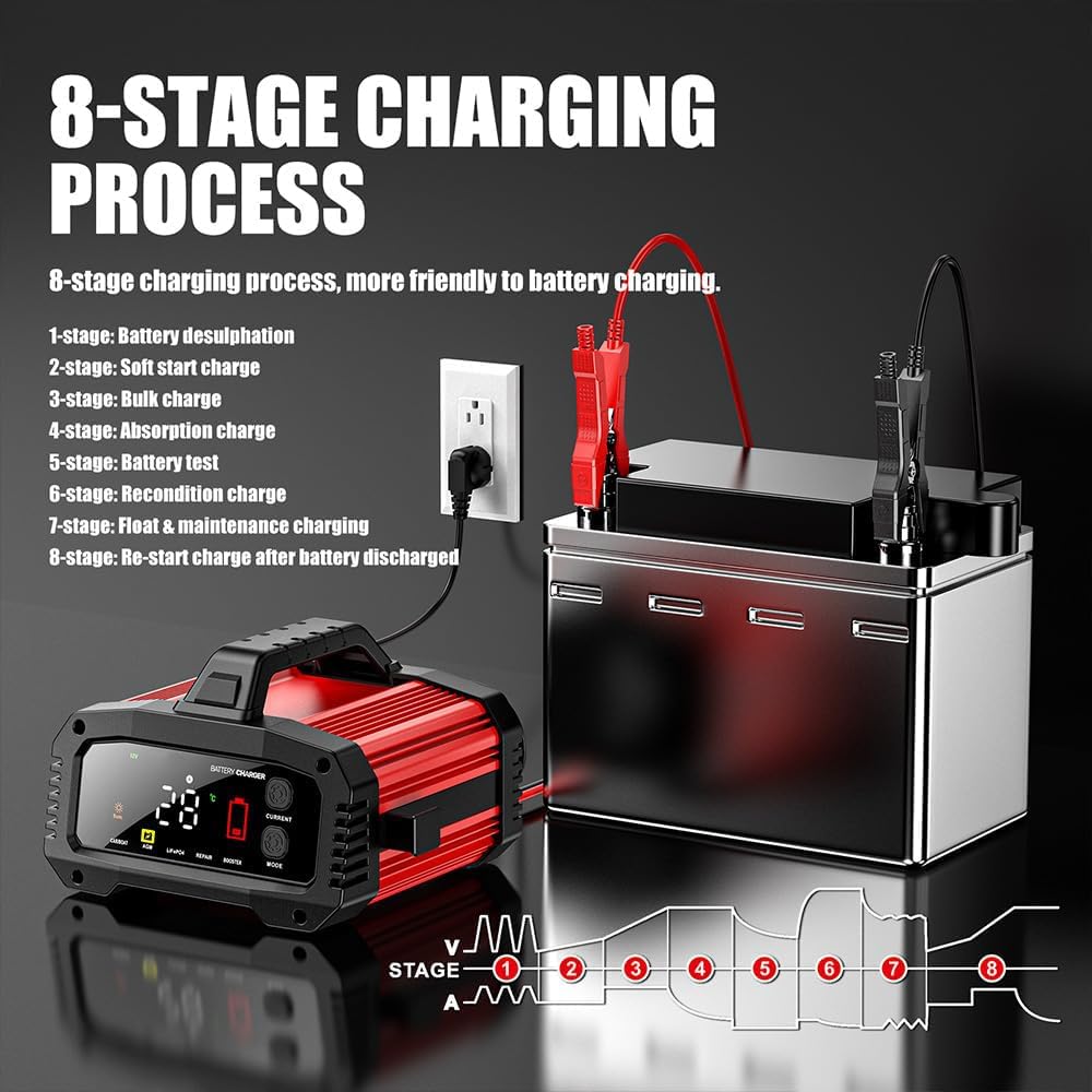 YONHAN 25A Battery Charger & Maintainer,12V/24V All-in-One Charger for LiFePO4, Lead Acid, AGM, Lithium, Marine, Boat, and Deep Cycle Batteries,5-Level Adjustable Current, Booster Mode,Trickle Charge