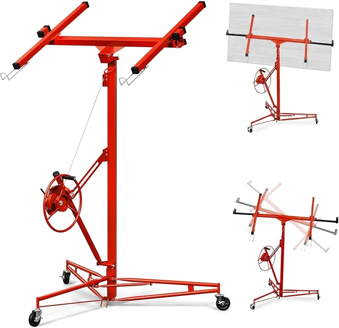 11FT Drywall Lift Sheetrock Lift, 150LBS Capacity, Drywall Lift Panel Hoist with Black Telescopic Arm, Drywall Jack Lift with 3 Lockable Wheels for Home Improvement, 4'x16' Panel Size, Red