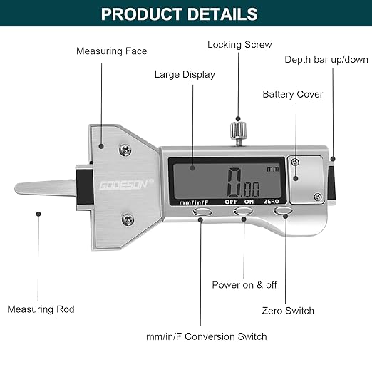 GODESON Metal Digital Tire Tread Depth Gauge, LCD Display Tire Tread Depth Gauge with 3 Modes-Fractional Inch, Decimal Inch and Millimeter,Precision Professional Measuring for Motorcycle, Car, Trucks
