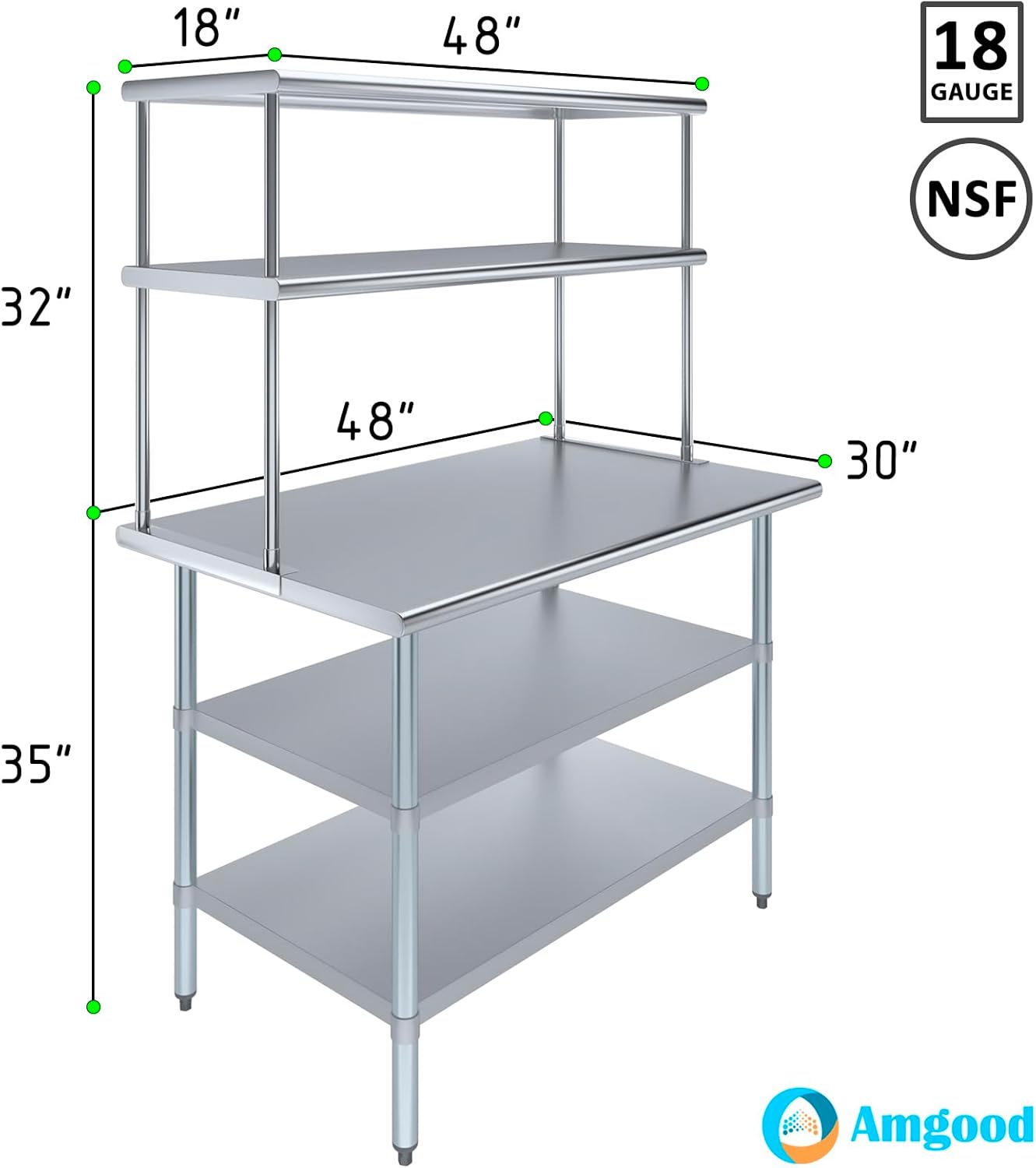 Amgood Stainless Steel Work Table with 2 Shelves | Metal Kitchen Prep Table & Shelving Combo (30" x 48" Table with 2 Shelves + 18" Overshelf)