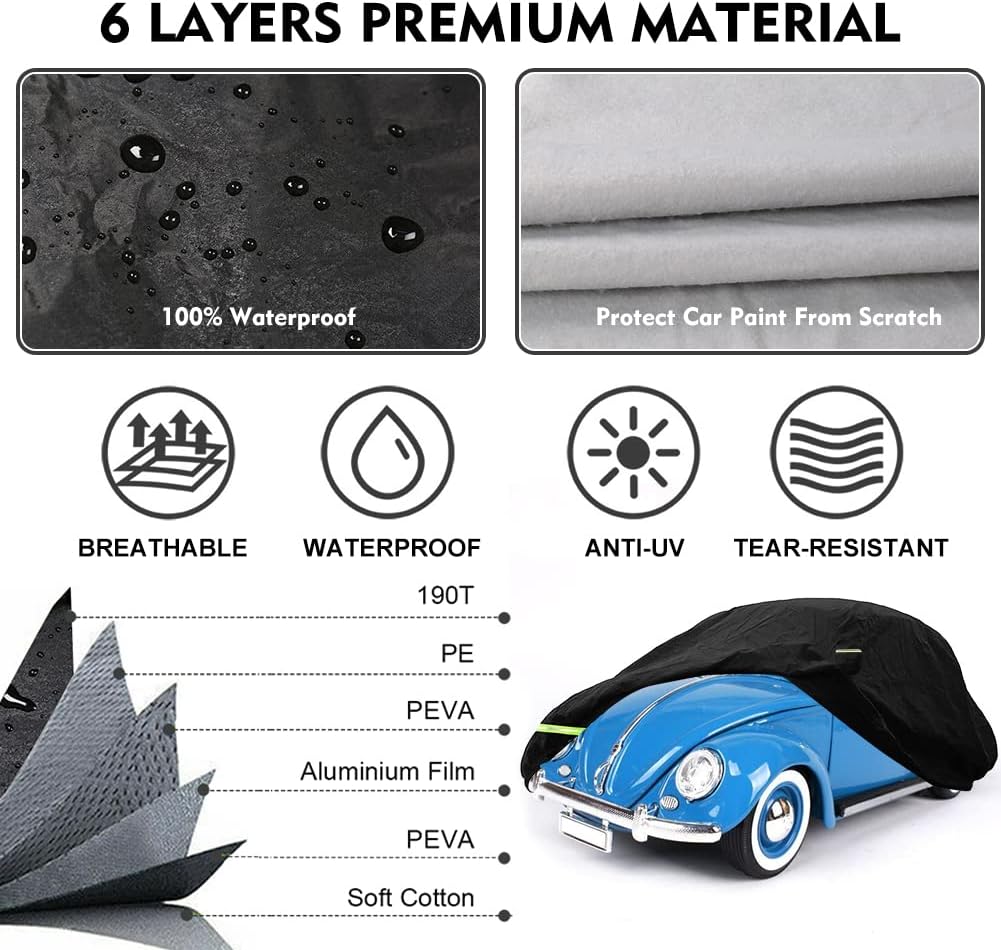 1960-1980 Volkswagen Beetle Sedan 2-Door Saloon Car Cover Waterproof All Weather, with Door Zipper, Windproof Strap, Anti-Theft Lock