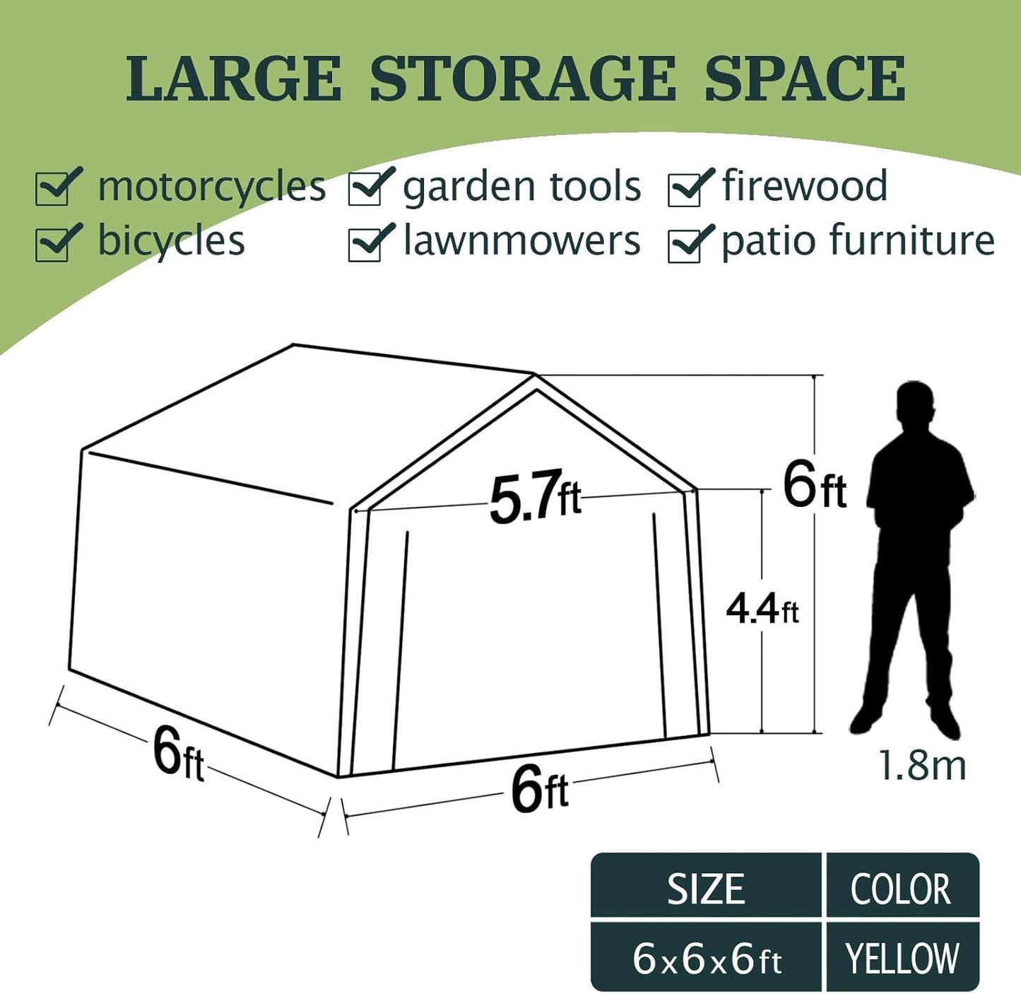 6x6 ft Heavy Duty Outdoor Storage Shed with Roll-up Zipper Door S-Hooks and Sandbags, Waterproof and UV Resistant Portable Garage Carport, Motorcycle Bike ATV Tent Shed, Yellow