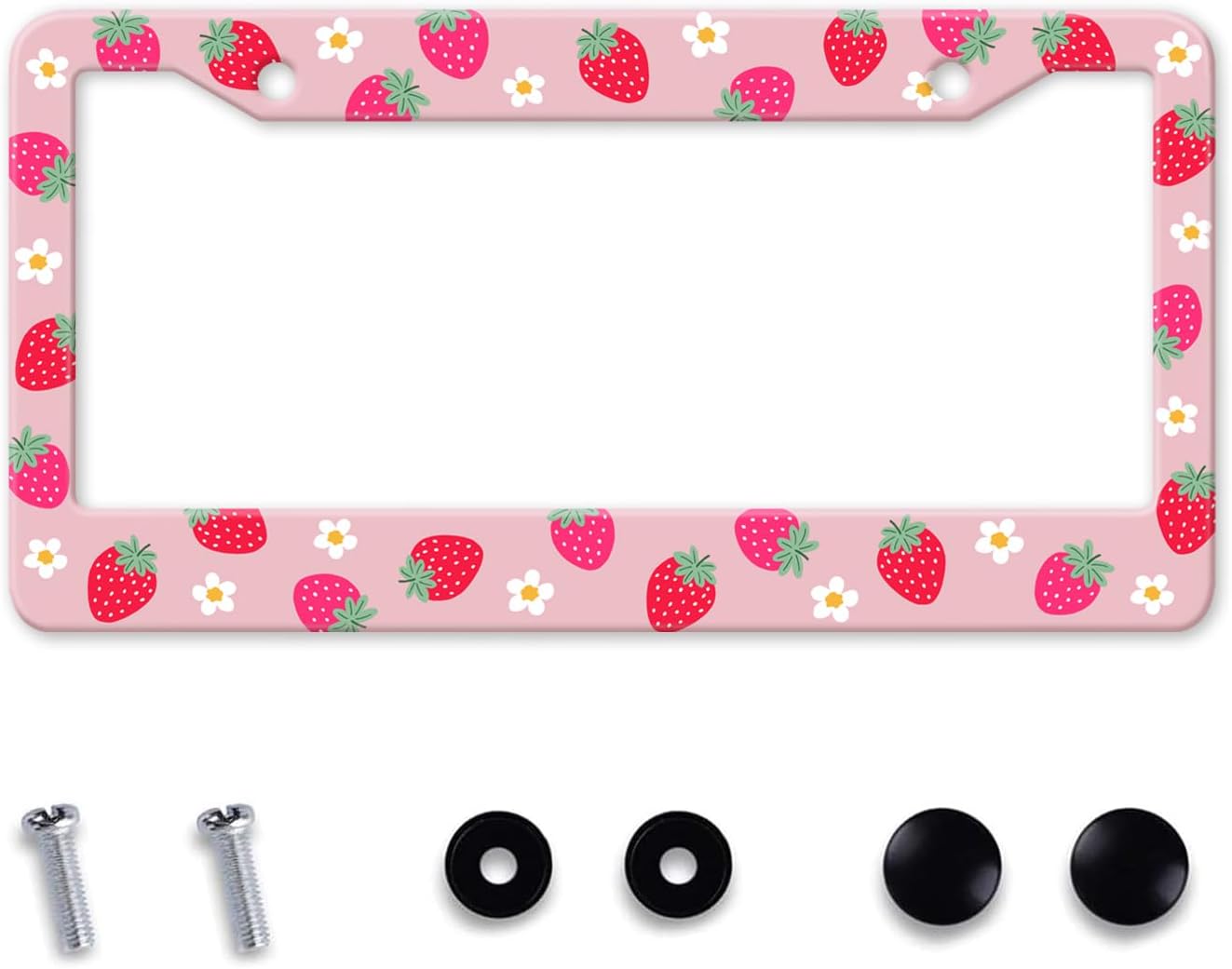 Cute Strawberry Printed License Plate Frame, Strawberry and Flowers Frames Holder Covers, Metal Aluminum Rustproof Car Accessories for Us Canada Standard Women Men 2 Holes with Screw Caps