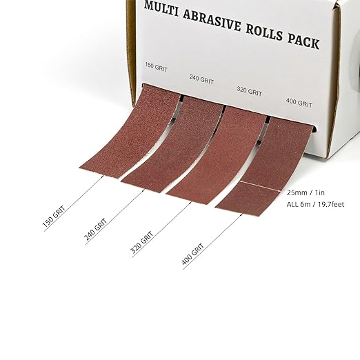 Sandpaper Roll，Emery Cloth Roll,150 240 320 400 Grits，Each Roll 1 Inch Wide and 19.7 Feet Long in Box, Suitable for Household Rust Removal, Woodworking and Metal Polishing