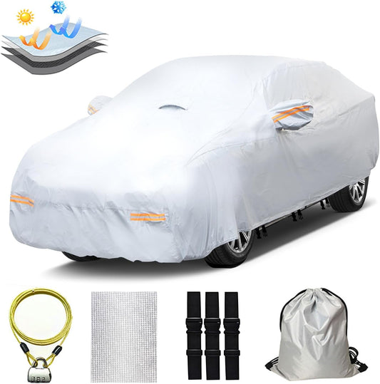 30 Layers Heavy Duty SUV Car Cover for Automobiles All Weather Waterproof, Outdoor Snowproof UV Protection Windproof, Door Zipper, Soft Cotton Universal Car Covers (Silver, Fit SUV 181"-190")