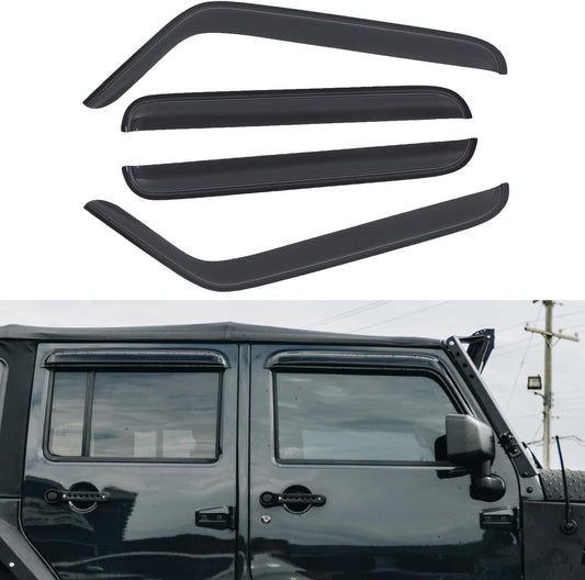 Set of 4 Front+Rear Smoke Sun/Rain Guard Outside Mount Tape-On Acrylic Window Visors Compatible with 07-18 Wrangler JK 4-Door