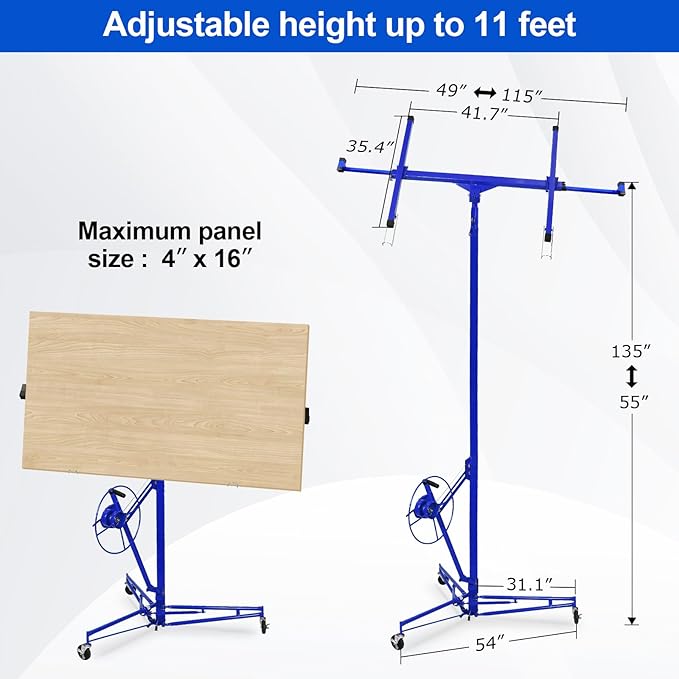 11FT Drywall Lift Sheetrock Lift, 150LBS Capacity, Drywall Lift Panel Hoist with Telescopic Arm, Drywall Jack Lift with 3 Lockable Wheels for Home Improvement Classic, 4'x16' Panel Size, Blue