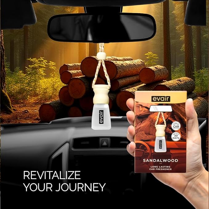 Evair Sandalwood Scent For Car Air Freshener | Hanging Air Fresheners with Wooden Diffuser - Long Lasting Fragrance from Essential Oil