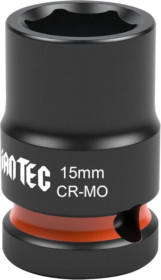 1/2 Inch Drive - 15mm Shallow Impact Socket with Anti-Rounding 6 Point Design, Heat-Treated Cr-Mo Steel, Automotive, Truck Maintenance, Heavy Equipment Repair