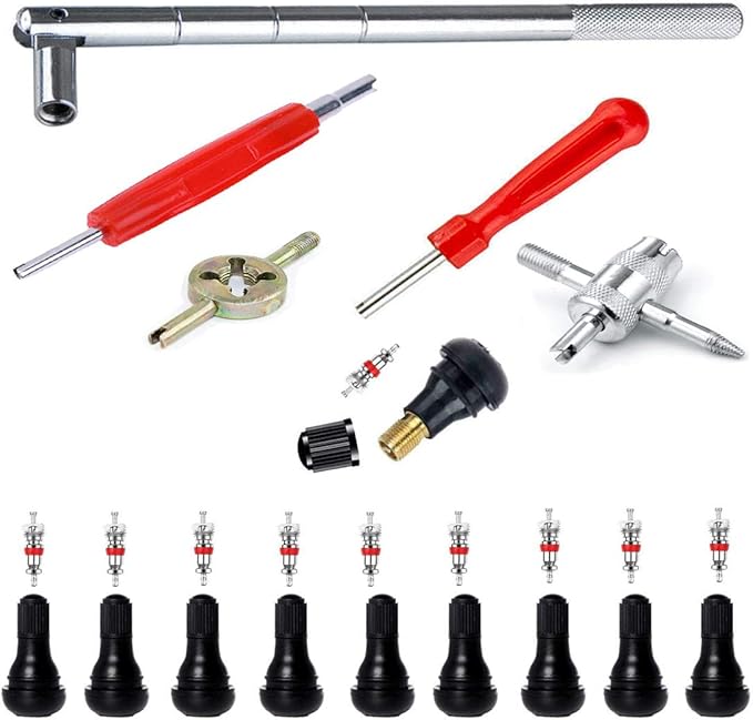 Tyre Valve Stem Puller Tools Set - 10 Pcs TR412 Snap-in Valve Stems with Valve Stem Cores, 1 Pcs 4-Way Valve Tool, 1 Pcs Dual & 1 Pcs Single Head Valve Core Remover Installer Tool