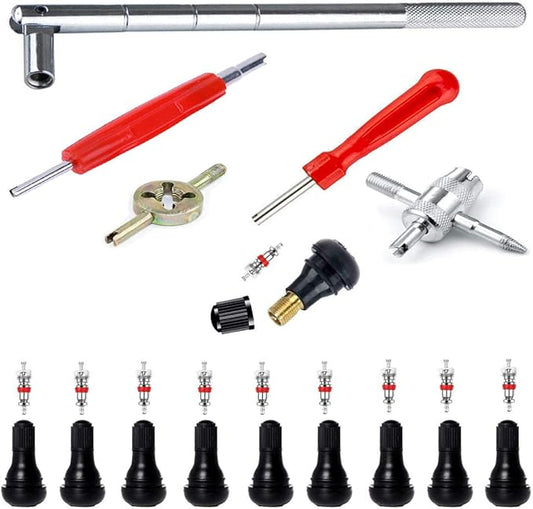 Tyre Valve Stem Puller Tools Set - 10 Pcs TR412 Snap-in Valve Stems with Valve Stem Cores, 1 Pcs 4-Way Valve Tool, 1 Pcs Dual & 1 Pcs Single Head Valve Core Remover Installer Tool