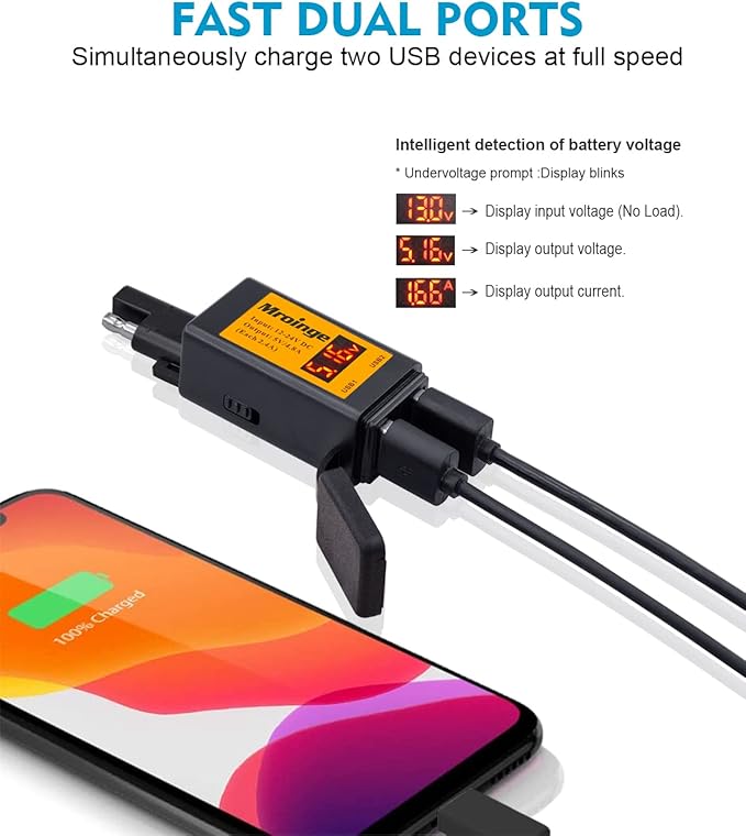 Motorcycle USB Charger, Mroinge 4.8A SAE to USB Adapter with Voltmeter & Ammeter, Quick Disconnect Plug with Dual USB Charger Perfect for Smart Device Charging, with ON/Off Switch & Waterproof Cover
