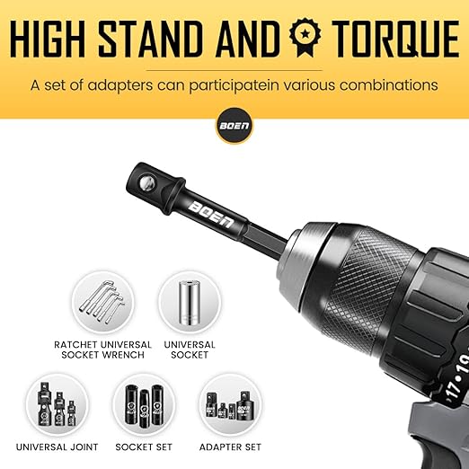 BOEN 10-Piece 3/8" Drive Impact Grade Socket Adapter Set, 1/4-Inch SAE Hex Shank Drill Bit Adapter for Power Drill to High Torque Impact Wrench