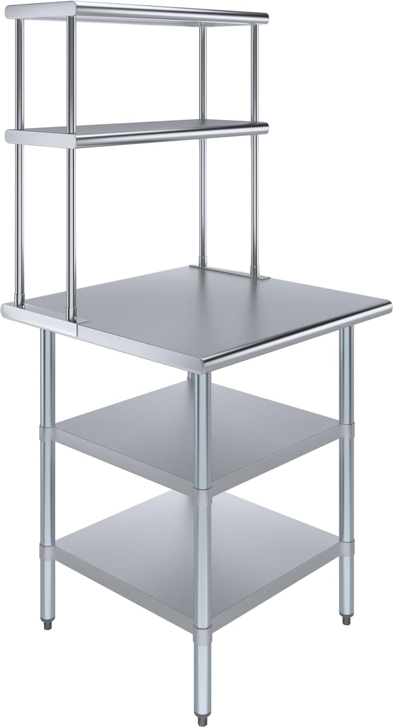 Amgood Stainless Steel Work Table with 2 Shelves | Metal Kitchen Prep Table & Shelving Combo (30" x 30" Table with 2 Shelves + 12" Overshelf)