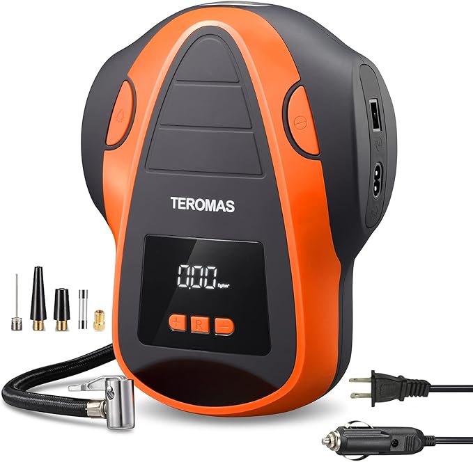 TEROMAS Tire Inflator Portable Air Compressor, Air Pump DC/AC for Car Tires 12V DC and Other Inflatables at Home 110V AC, Digital Electric Tire Pump with Pressure Gauge(Orange)