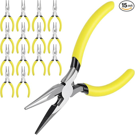 5" Needle Nose Pliers-15 Pack, Long Nose Pliers Set with Side Cutter, Mini Fine Needle Nose Pliers with Serrated Jaws, Precision Small Needle Nose Pliers for Jewelry Making/Electronics/Craft