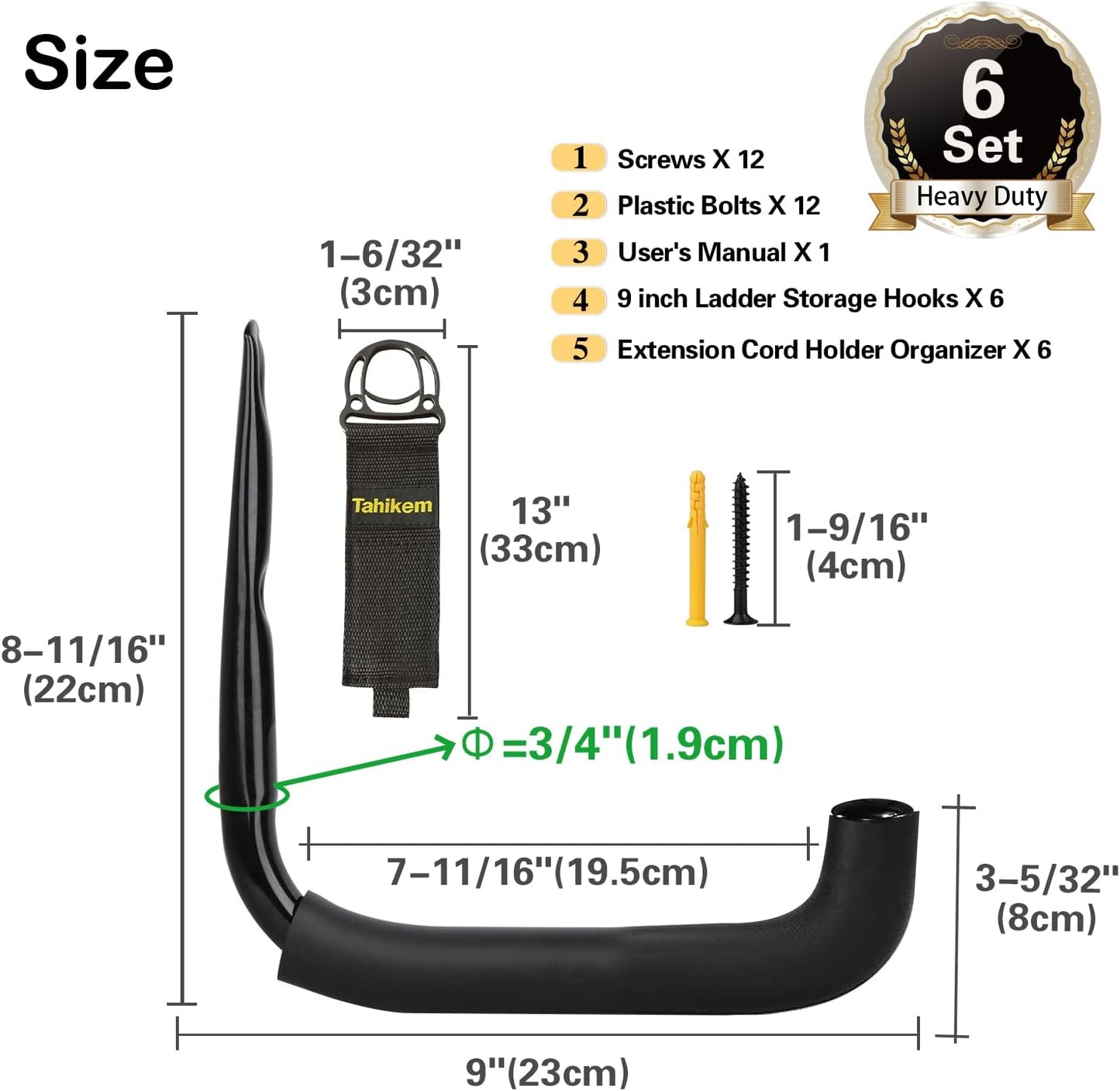 6 Set Garage Wall Mounts, 9 Large Wall J Hooks, Black - Heavy Duty Extension Cord Hangers for Ladders, Mowers, Cables