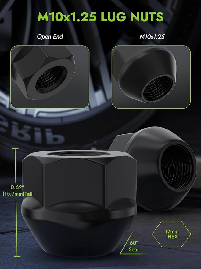 M10x1.25 Open End Lug Nuts - Replacement for Polaris Sportsman Can-Am Commander Maverick Outlander Renegade Honda TRX Kawasaki ATVs Wheel, Black 16PCS 17mm Hex Conical Bulge Seat Lug Nuts