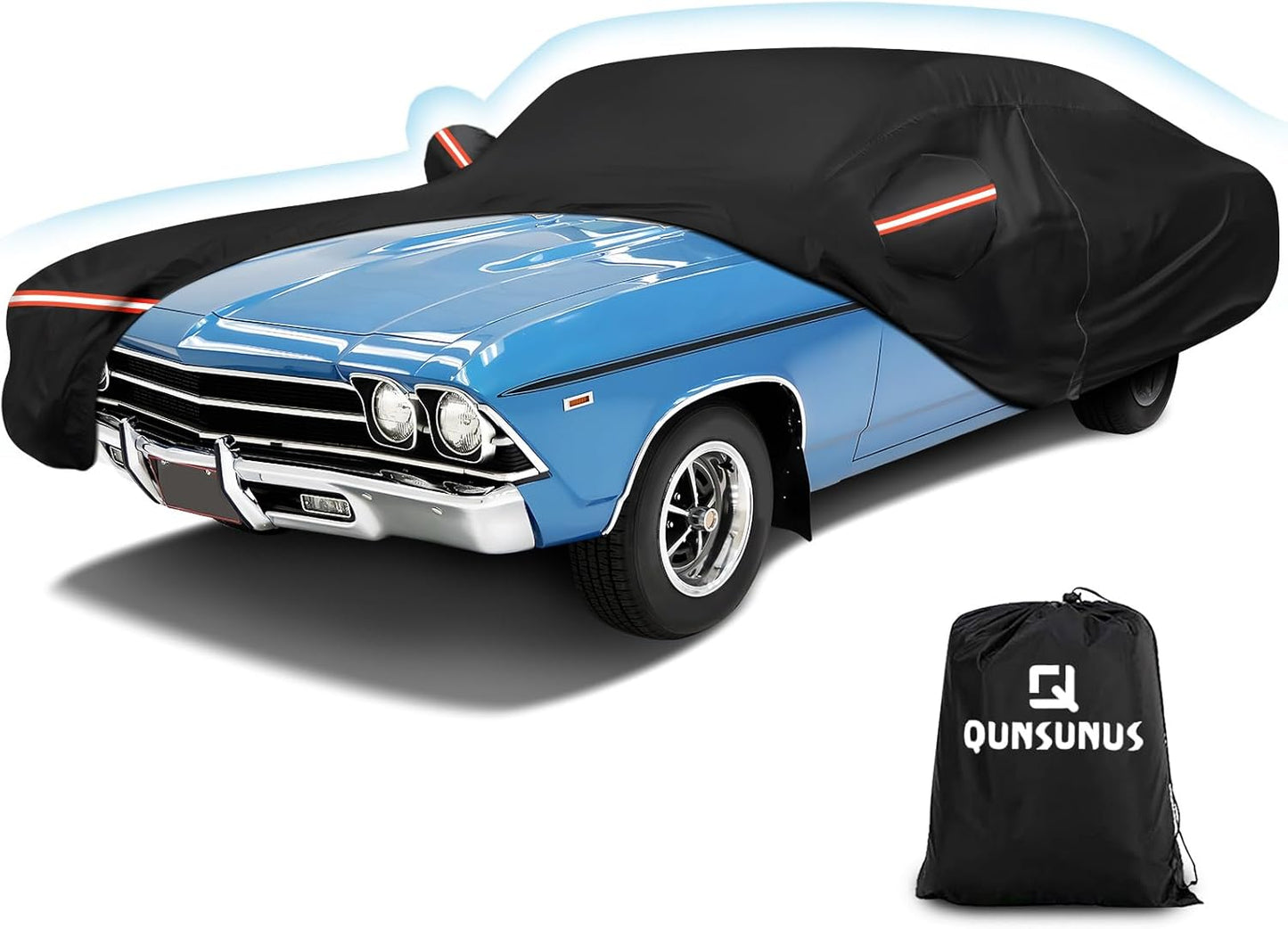 QUNSUNUS Waterproof Car Cover for Chevelle Malibu SS Sedan/Coupe 1964-1972, Outdoor Car Cover with Zipper, Full Exterior Car Covers for Automobiles All Weather with Wind, Sun, UV and Dust Protection