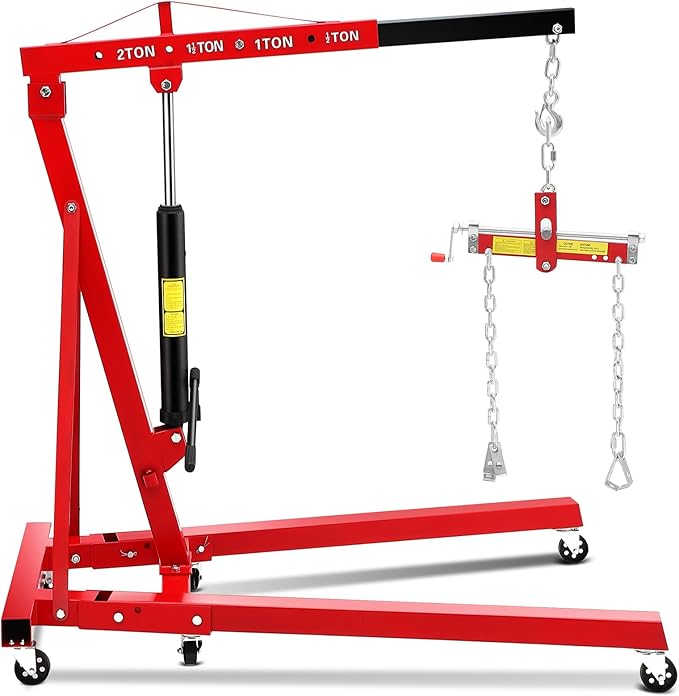 2 Ton Hydraulic Engine Hoist with Lever Stabilizer , Cherry Picker Engine Hoist, 4400LBS Heavy Duty Garage Crane with 6 Swivel Casters & Adjustable Telescopic Boom, for Auto Repair & Workshop (Red)