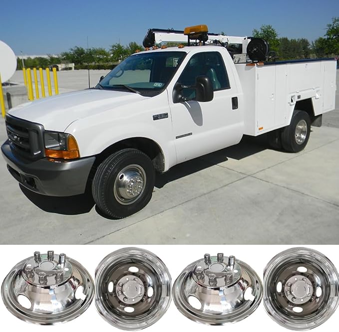 4pcs 16" Polished Stainless Steel Dually Wheel Simulators, Nice Looking Bolt On 8 Lug 4 Hand Hole Hubcaps Fit for 1974-1998 Ford F350, 2008-2021 E350/E450 Van,1974-1999 Dodge Ram3500 Truck