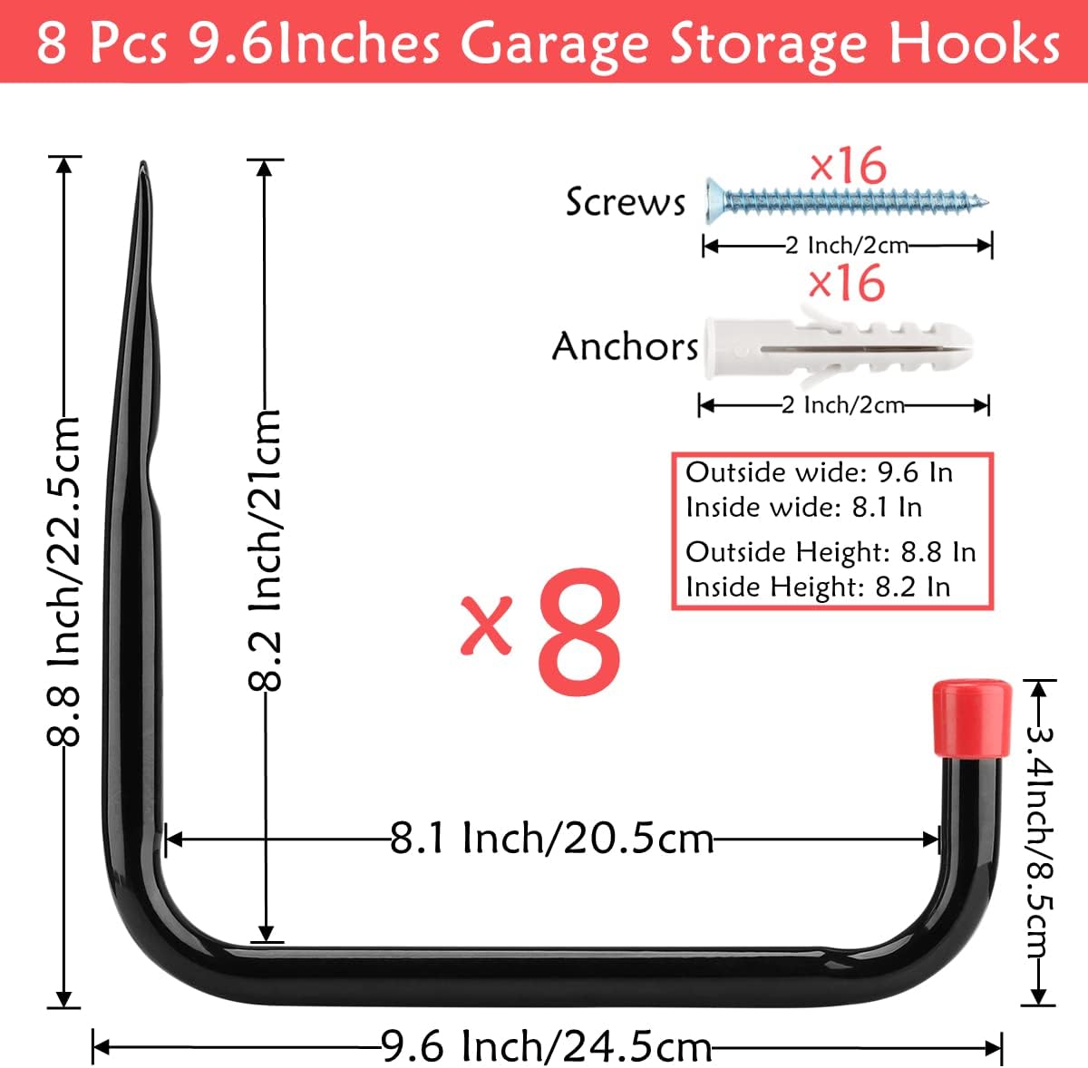 8 Pack Wall Mount Storage Hooks, 9.6IN Garage Utility Hanger for Ladder, Hold Chairs, Garden Tool, Hose, Bike Black +Red 9.6Inch x 8.8Inch