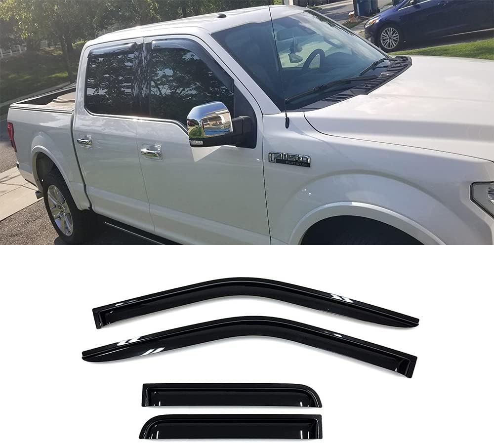 94975 Side Window Wind Deflector, 4pcs Out-Channel Tape-On Rain Guards Set,Window Visor fit for Ford F-150 2015-2022 Supercrew Cab (Crew Cab) F250-F550 2017-2022 Super Duty Supercrew Cab