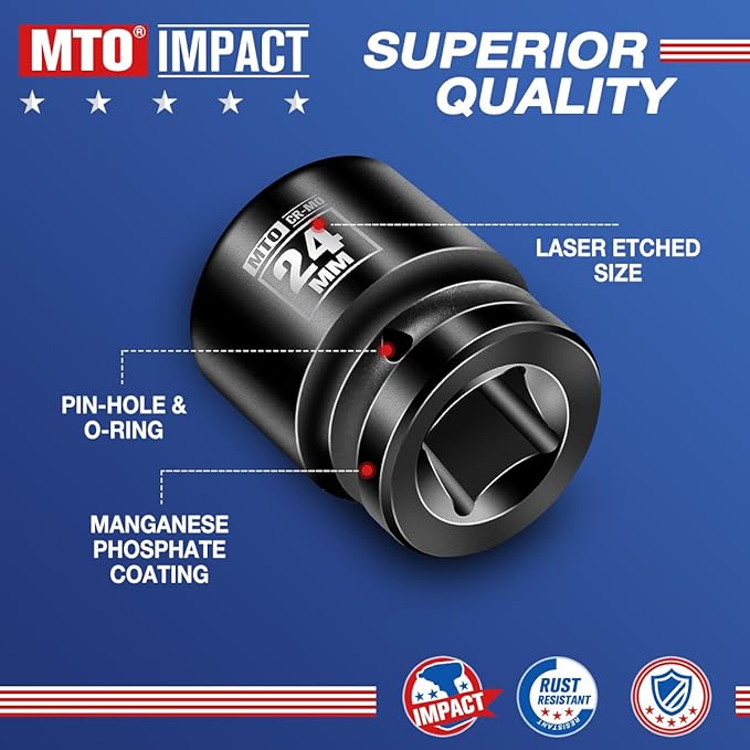 MTO 1/2" Drive 24mm Shallow Impact Socket, 6-Point Metric Socket, CR-MO Steel & Anti-Corrosion Coating for Tight Spaces and Heavy-Duty Tasks