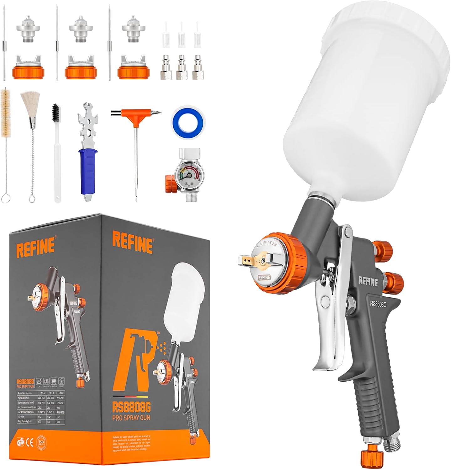 REFINE Air Spray Gun, Auto Paint Gun with 1.4/1.8/2.0mm Nozzle, Professional Automotive Spray Gun, Air Compressor Auto Body Paint Sprayer for Cars, House, Furniture Painting with Air Pressure Gauge