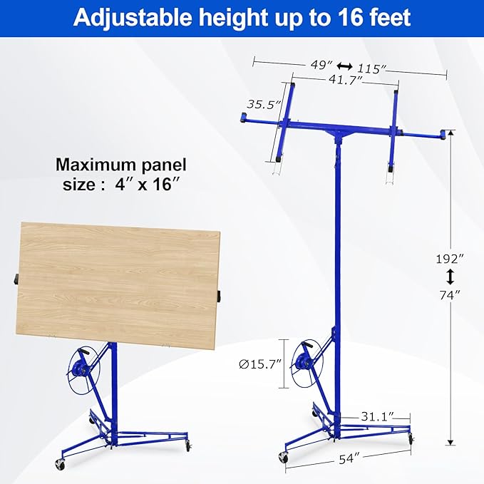16FT Drywall Lift Sheetrock Lift, 150LBS Capacity, Drywall Lift Panel Hoist with Telescopic Arm, Drywall Jack Lift with 3 Lockable Wheels for Home Improvement Classic, 4'x16' Panel Size, Blue