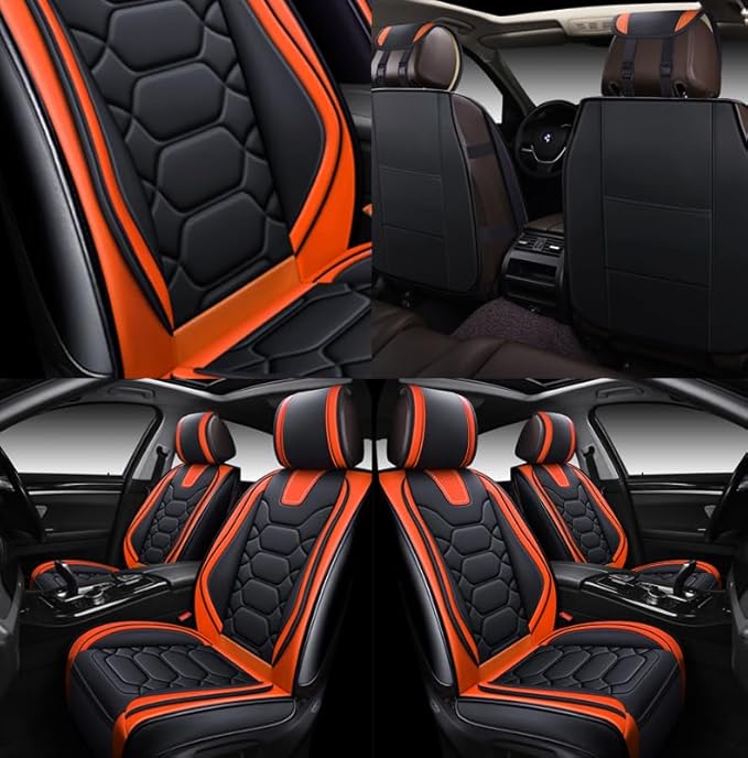 OASIS AUTO Car Seat Covers Front Seats, Waterproof Faux Leather Seat Covers for Cars Universal Fit for SUV, Truck, Sedan, Black Premium Car Seat Protector with Cushions (OS-004 Black&Orange)