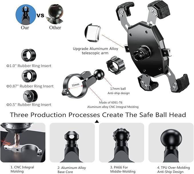 Kewig Motorcycle Phone Mount with Qi 15W Wireless Charger & USB C 20W Fast Charging Port, One-Push Automatically Lock & Quick Release Handlebar Phone Holder for 4.0-6.9" Phone