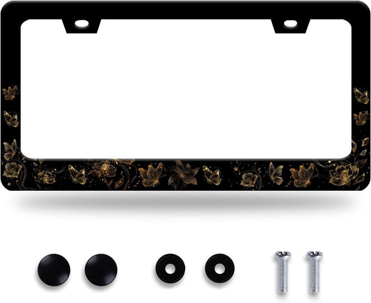 Butterfly License Plate Frame Golden Butterflies License Plate Stainless Steel Funny License Plate Holder for Men Women Universal Colorful Car Accessories Decoration 12.3" x 6.3"