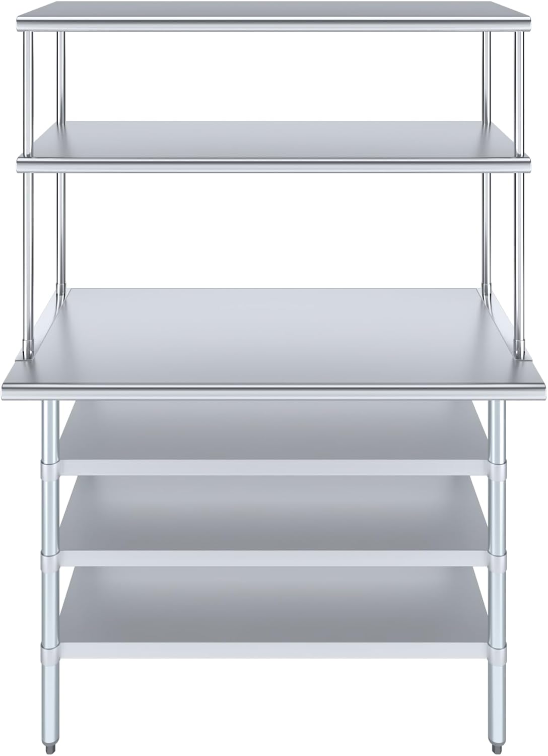 Amgood 24" x 48 Stainless Steel Work Table with 3 Shelves and 18" Wide Double Tier Overshelf | Metal Kitchen Prep Table & Shelving Combo | NSF