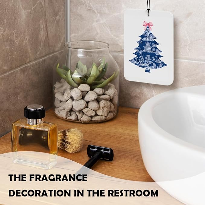 Blue and White Chinoiserie Christmas Tree Santa Car Air Freshener 3 Pcs, Coquette Grandmillennial Christmas Air Freshener Hanging Decor for Cars Closet Drawer Books Accessories Gifts