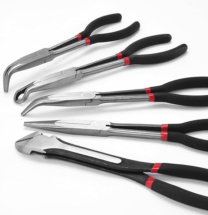 5-Piece 11" Extra Long Needle Nose Pliers Set with Insulated Comfort Grip, Straight Long Reach Plier, 45/90°Bent Nose Pliers,O-shaped nose plier,Diagonal Plier for Bending Shaping Trimming