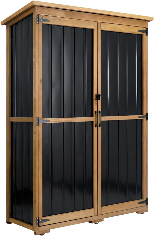 Outdoor Storage Cabinet Wood & Metal, Storage Shed Waterproof Double Lock for Anti-Theft Removable Shelves Adjustable Feet Wooden Floor for Patio, Garden, Lawn Pool Storage, 46" X 18" X 68"