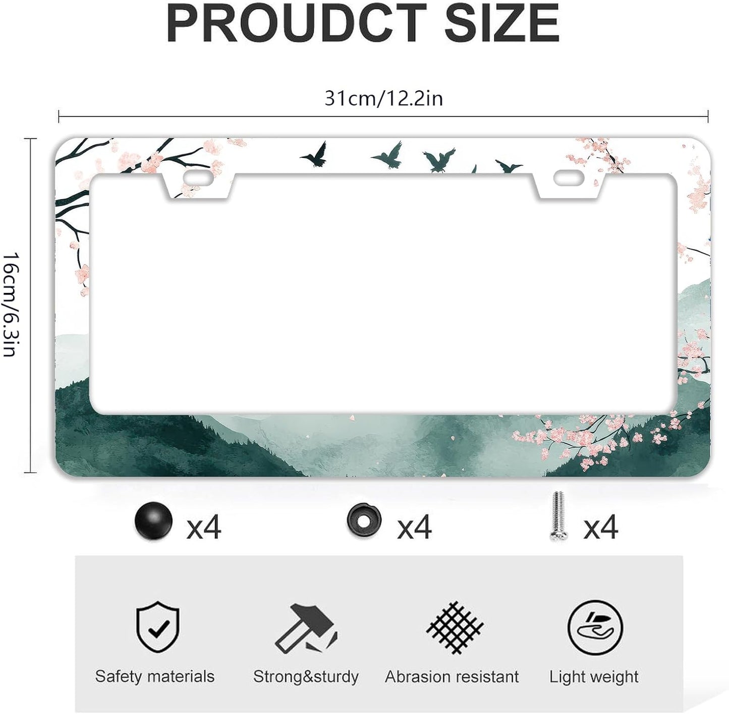 Mountains Cherry Blossom License Plate Frames - 2 Pcs Set 2 Holes Stainless Steel Metal Auto Car Accessories Decoration License Plate Frame Cover Size 6.3" x 12.2" Fit US Vehicles for Women Men Gift