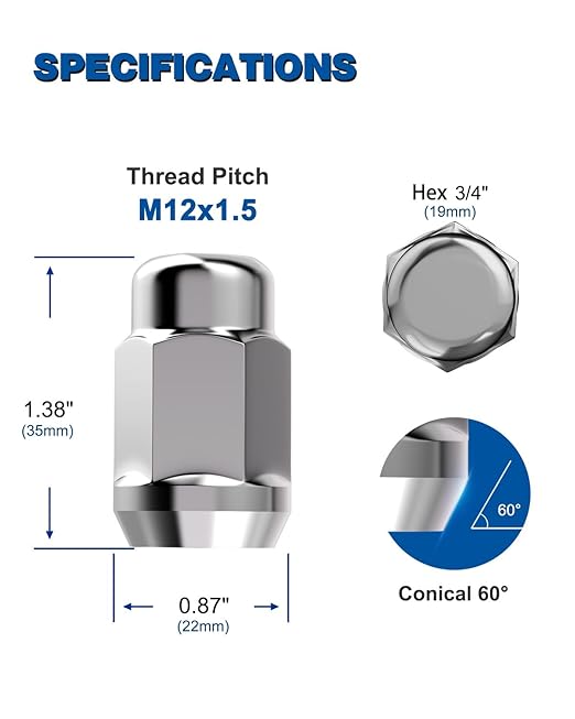 GAsupply 12x1.5 Chrome Lug Nuts, Closed End Bulge Acorn Lug Nuts Cone Seat 1.38" 35mm Tall 3/4" 19mm Hex, 20 Pack