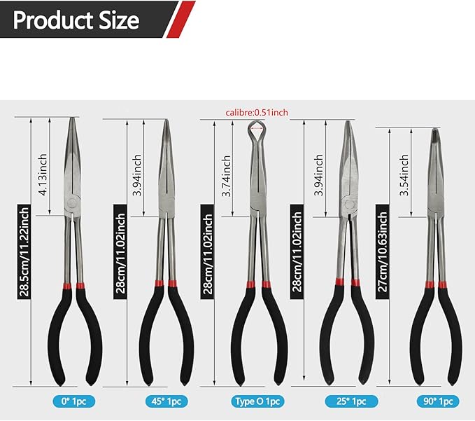 5 Pack 11" Precision Long Nose Pliers Set with Insulated Comfort Grip Handles,Straight Long Needle Nose Pliers, 25/45/90° Curved & Circle for Wire Shaping/Trimming