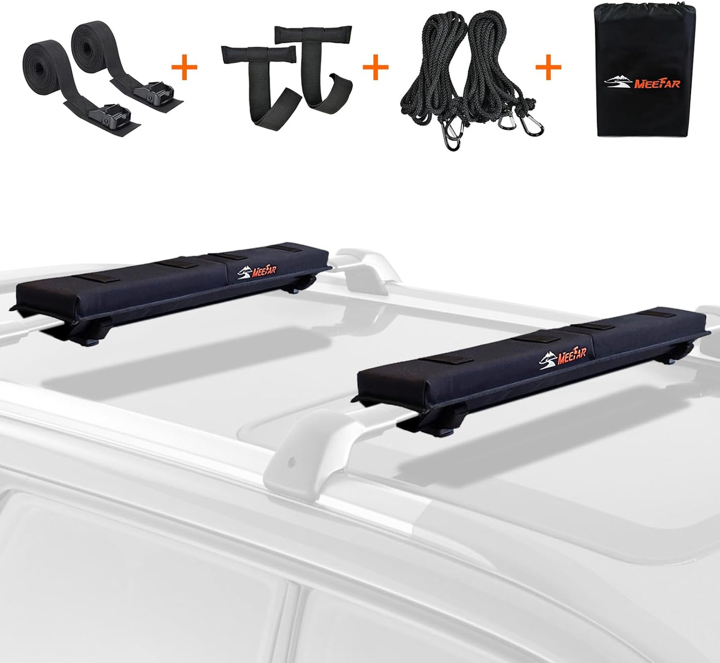 MeeFar Universal Roof Rack Pads Fit on Cross Bars - for Kayak/Surfboard/SUP/Canoe with 2 Heavy Duty Tie Down Straps, 2 Tie Down Rope, 2 Quick Loop Strap and Storage Bag