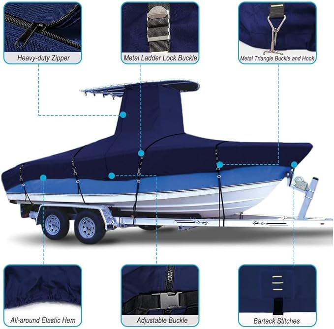 900D Marine Grade Fade and Tear Resistant Trailerable T-Top Boat Cover, Heavy-Duty Waterproof and UV-Proof T TOP Boat Storage Cover with Windproof Metal Buckle Straps Fit 18ft-20ft Long(Navy)