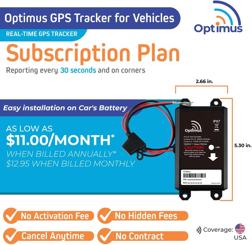 Optimus Wired GPS Tracker for Vehicles - Easy Installation on Car's Battery - Low Cost Subscription Plan Options