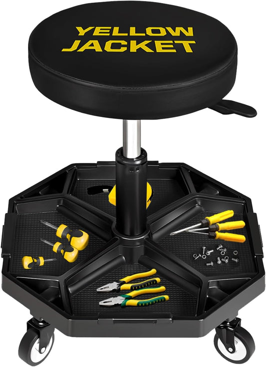 YELLOW JACKET Rolling Garage Seat Adjustable Pneumatic Shop Creeper Seat 300Lbs Mechanic Stool with Wheels and Removable Tool Tray Storage Workshop Chair for Auto Repair