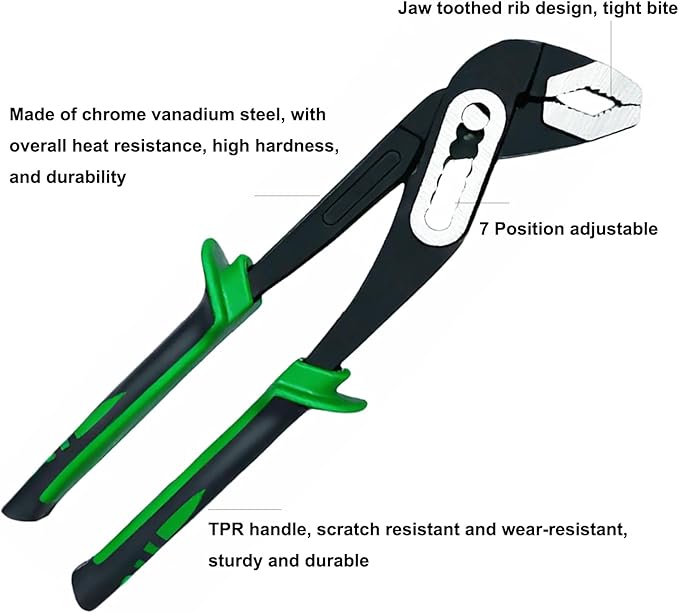 10 Inch Water Pump Pliers 7 Position Quick Adjust Groove Joint with V Jaw CR V Steel Tongue and Groove Plier TPR Handle for Plumbing Automotive and Home Repair
