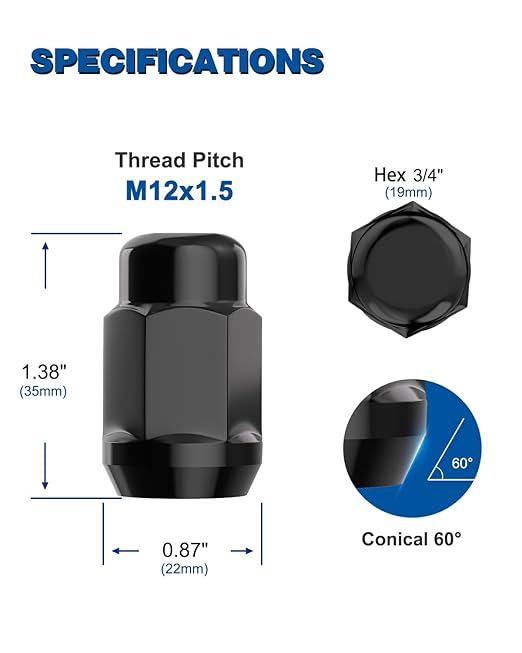 GAsupply Black 12x1.5 Lug Nuts 20pcs, M12x1.5 Closed End Bulge Acorn Lug Nut 1.38" 35mm Tall 3/4" 19mm Hex Conical/Cone Seat for Aftermarket Wheels