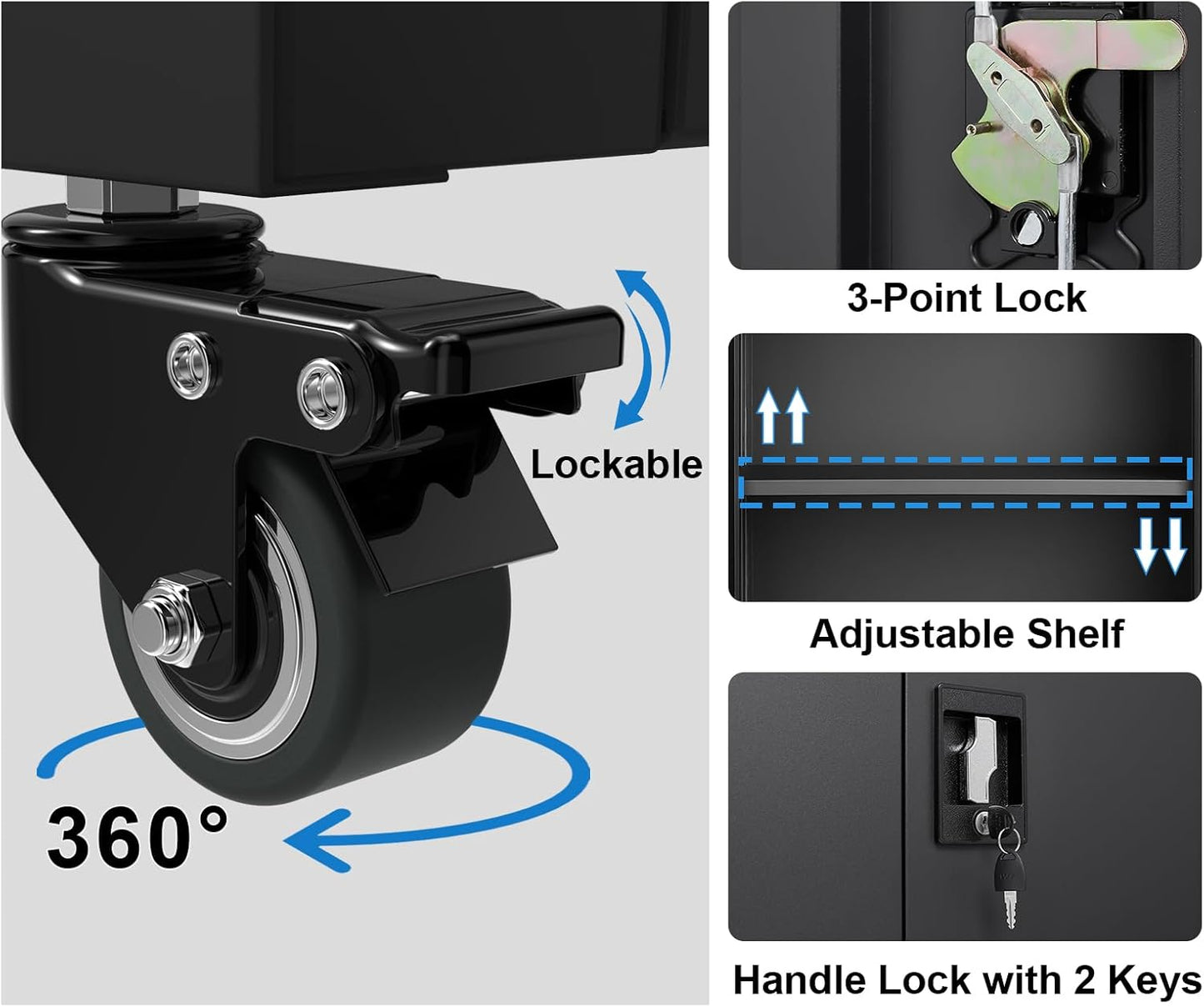 GREATMEET 31.5" H Metal Garage Storage Cabinet with Wheels, Lockable Garage Storage Cabinet with Adjustable Shelves for Home, Office,Kitchen