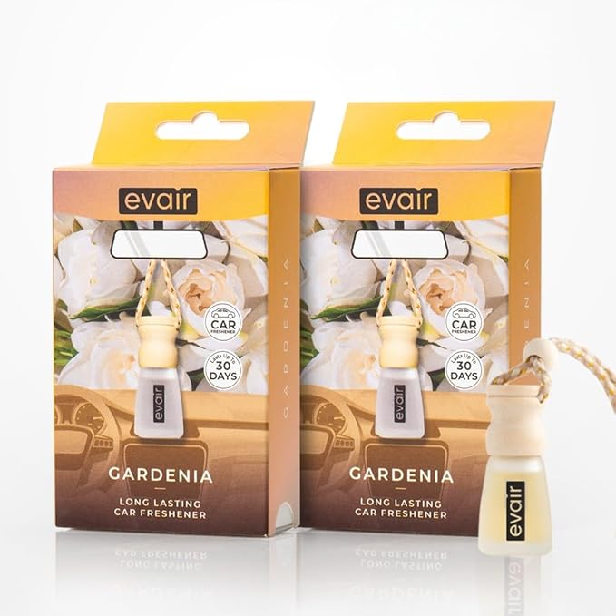Evair Gardenia Scent For Car Air Freshener | Hanging Air Fresheners with Wooden Diffuser - Long Lasting Fragrance from Essential Oil - 2 Pack